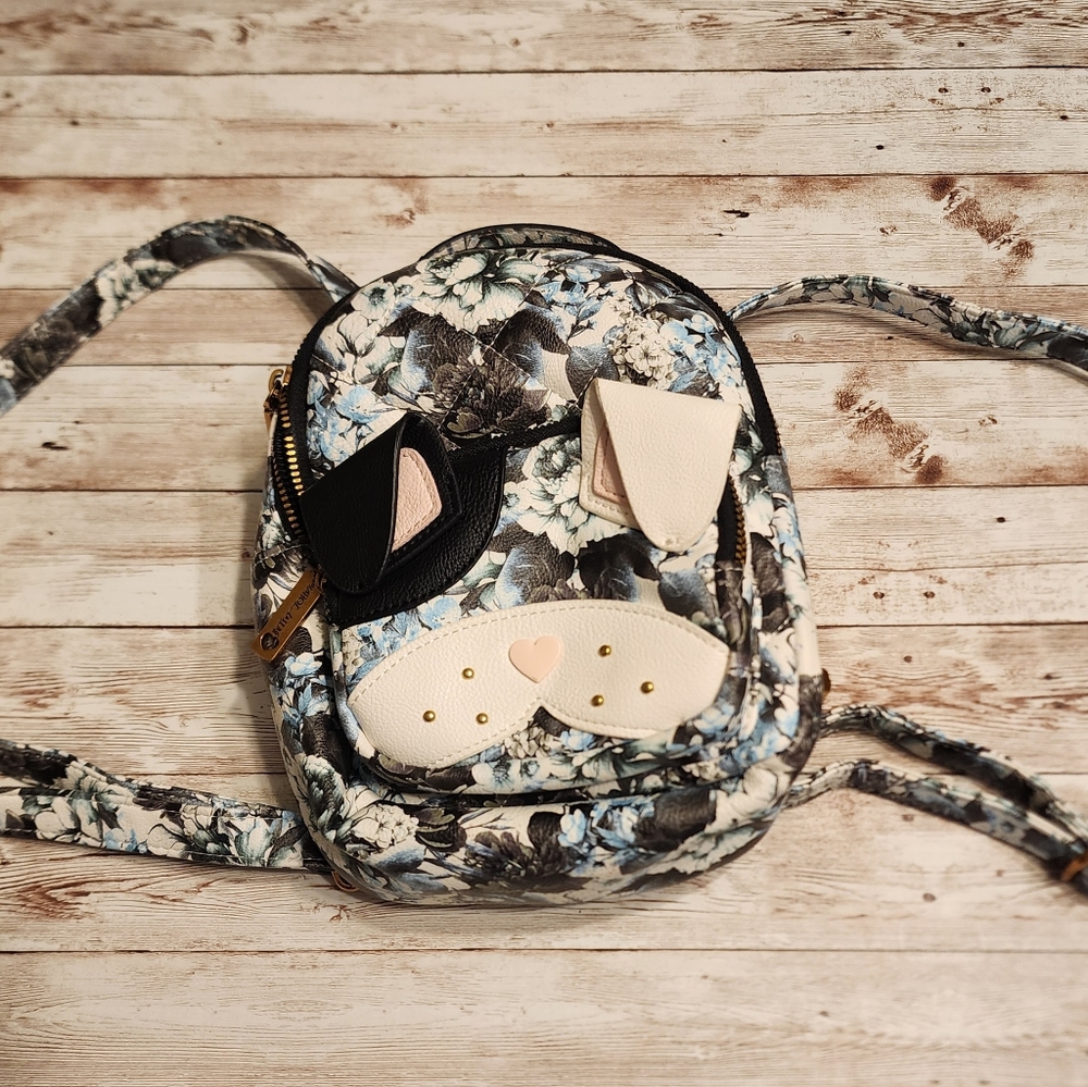 Betsy Johnson Backpack Crossbody - Blue White Black Gray Floral Puppy Handbag